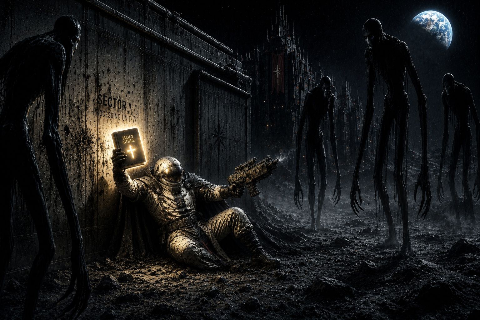 Painting: the Engineer raises glowing scripture against watchers in the dark