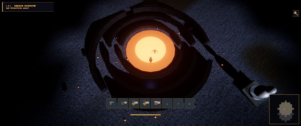 A wide burning crater like a fallen temple