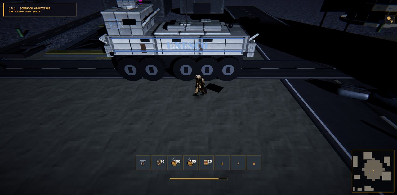 A white and blue UNESCO heavy transport hauler on the lunar surface, the Engineer beside it for scale